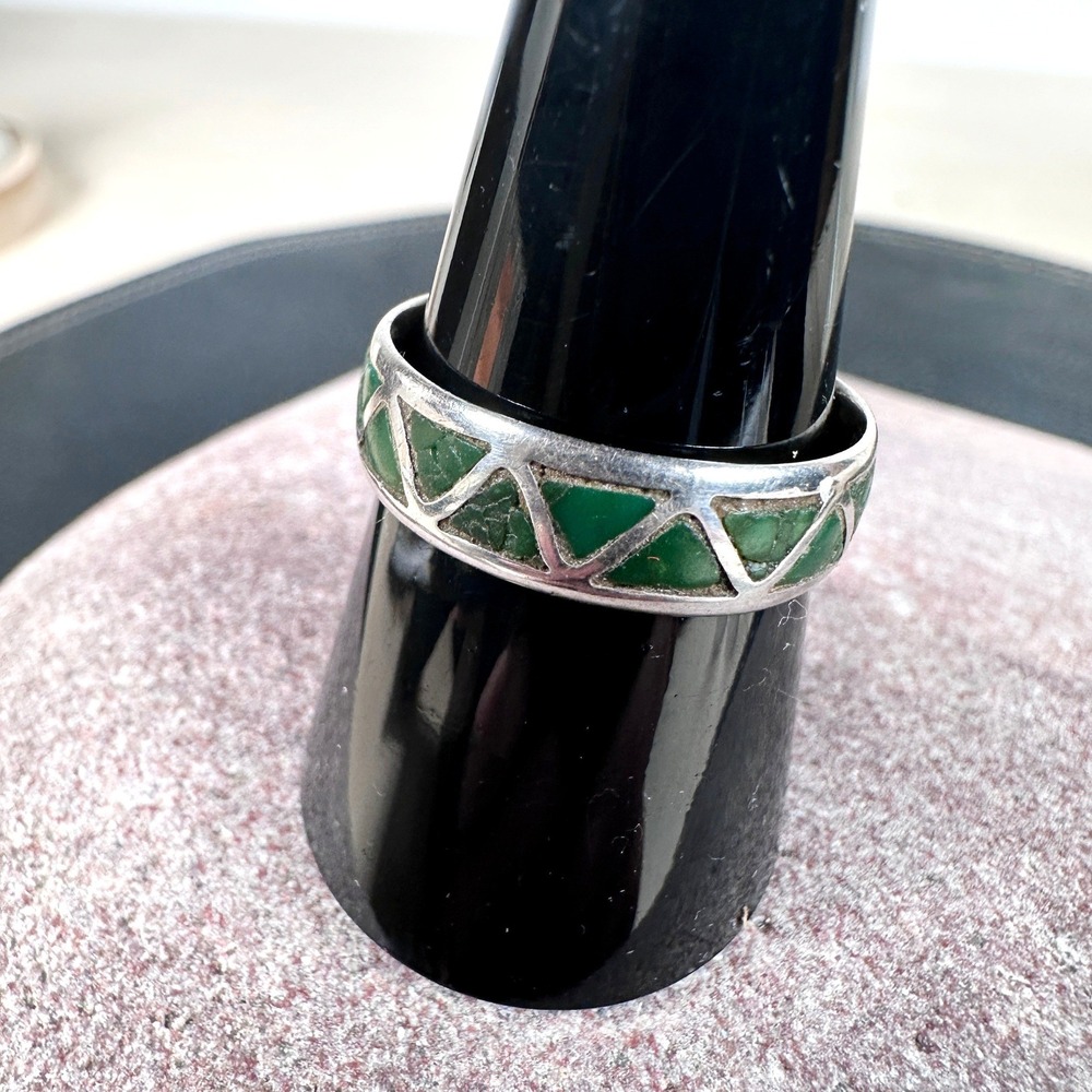 Vintage Zuni‎ Lucy Yatsattie Green Malachite Inlay Sterling Ring Signed 9.5